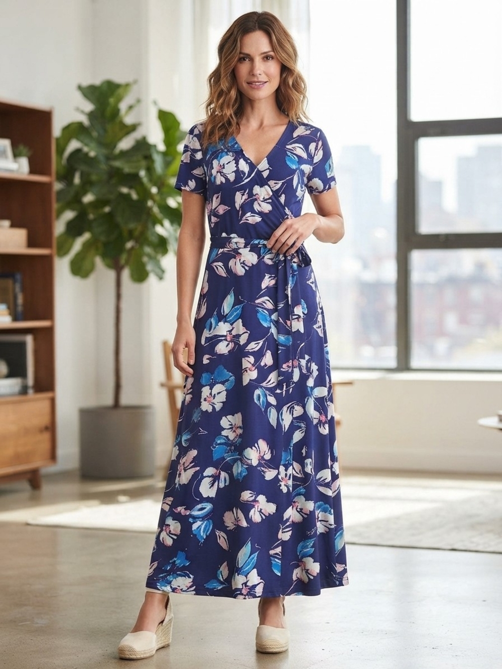 Eliza J Blue Floral Faux Wrap Maxi Dress Size 12